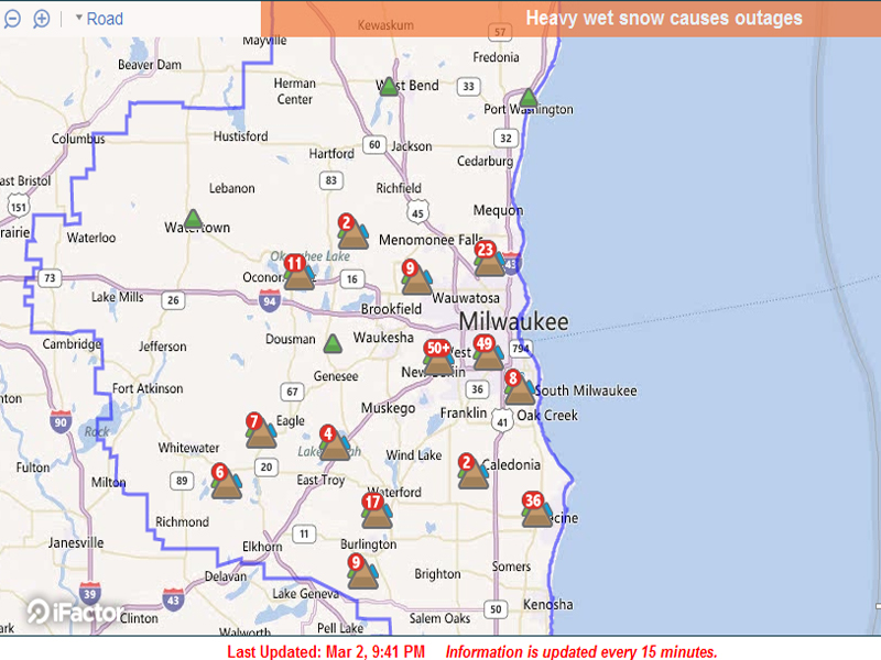 Heavy Snow caused 10,000 Power Outages - We Energies Map - Milwaukee, Wisconsin - March 2012
