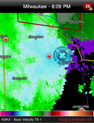 Strong Velocities showing damaging winds across Eastern Dane County - June 8, 2011