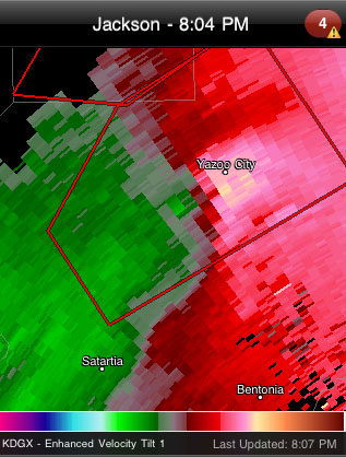 Velocity scan showing tornado approaching Yazoo City, MS