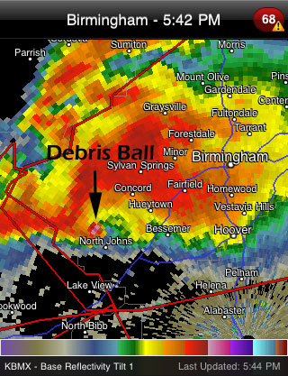 Debris Ball detected by the radar near Birmingham, Alabama.
